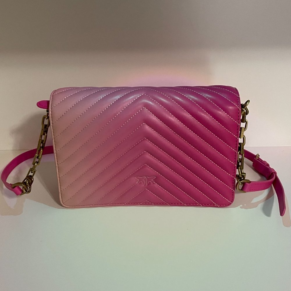 PINKO BNWT Italian Leather Pink Ombre Chevron Love Bag w Bronze Hardware + Birds - Picture 6 of 15